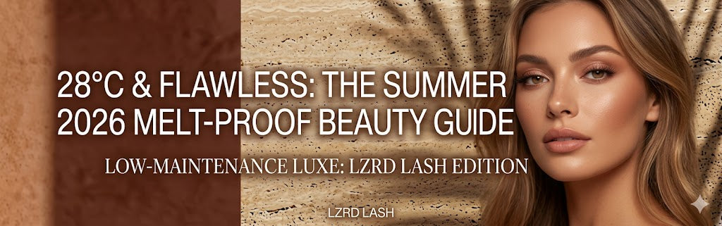 LZRD LASH horizontal blog banner 630x200 featuring a woman with flawless melt-proof summer makeup and lightweight vegan lashes in 28 degree weather.