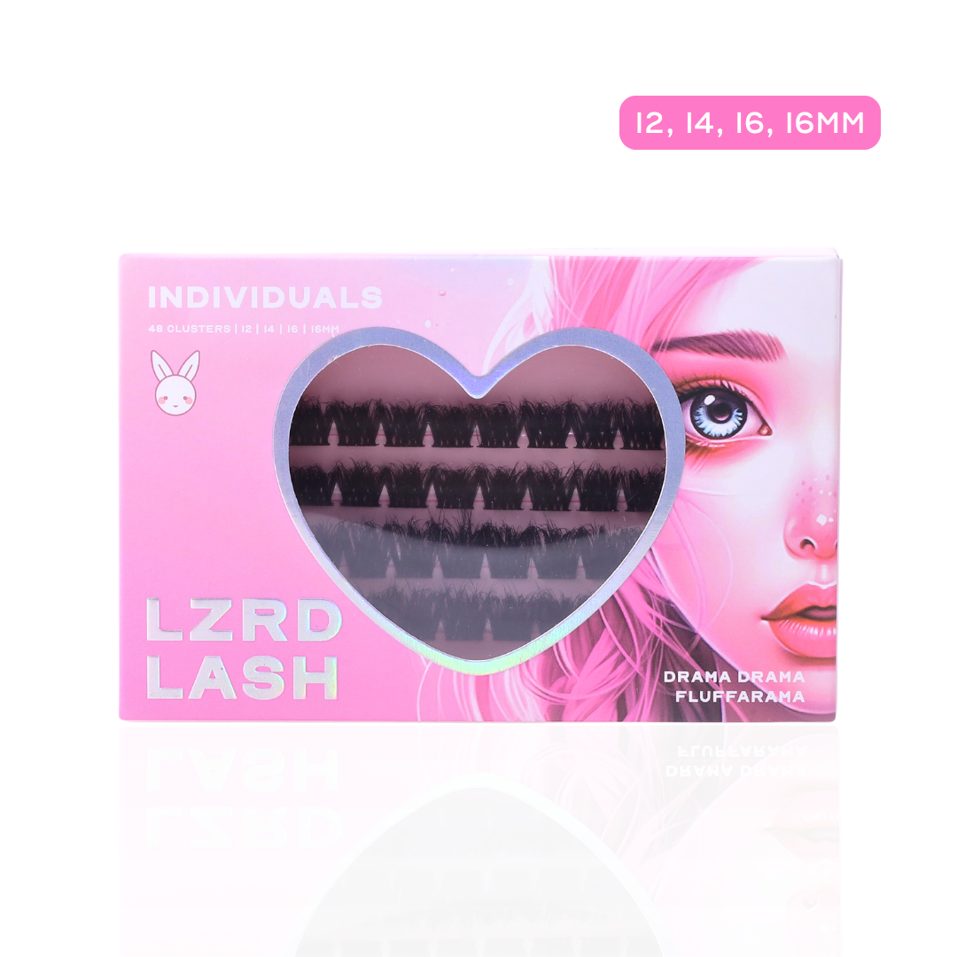 LZRD LASH Individual Lash Clusters. Each pack contains 48 clusters in various lengths—12mm, 14mm, and 16mm—allowing you to create the exact style you desire. Packaged in a chic pink design with a heart-shaped window, our lash clusters are easy to apply and blend seamlessly with your natural lashes. Plus, they're vegan and cruelty-free, so you can feel good about looking fabulous!