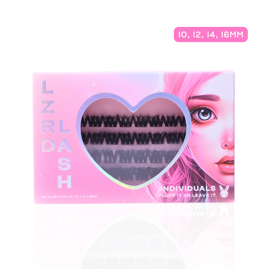 A pink box of LZRD LASH individual eyelash clusters. The packaging features a heart-shaped window revealing the lash clusters inside. The text on the box reads "FLUFF IT OR LEAVE IT" at the top, "LZRD LASH" on the left side, and "40 CLUSTERS | 10 | 12 | 14 | 16MM" at the bottom. The design includes a holographic effect on the text and a heart-shaped cutout, making it visually appealing for eyelash extension enthusiasts.