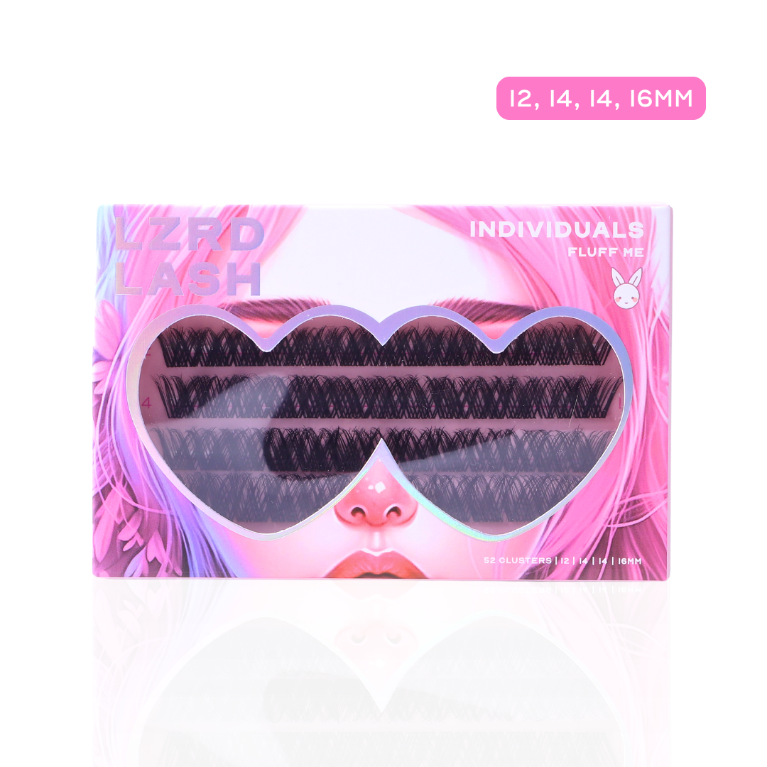 A pink box of false eyelashes labeled "LZRD LASH" and "INDIVIDUALS FLUFF ME." The packaging features a heart-shaped window displaying the lash clusters inside. The lengths of the eyelashes are indicated as 12mm, 14mm, and 16mm, with "52 clusters" prominently noted. The design includes a small bunny icon on the top right corner, with a chic pink and purple colour scheme.