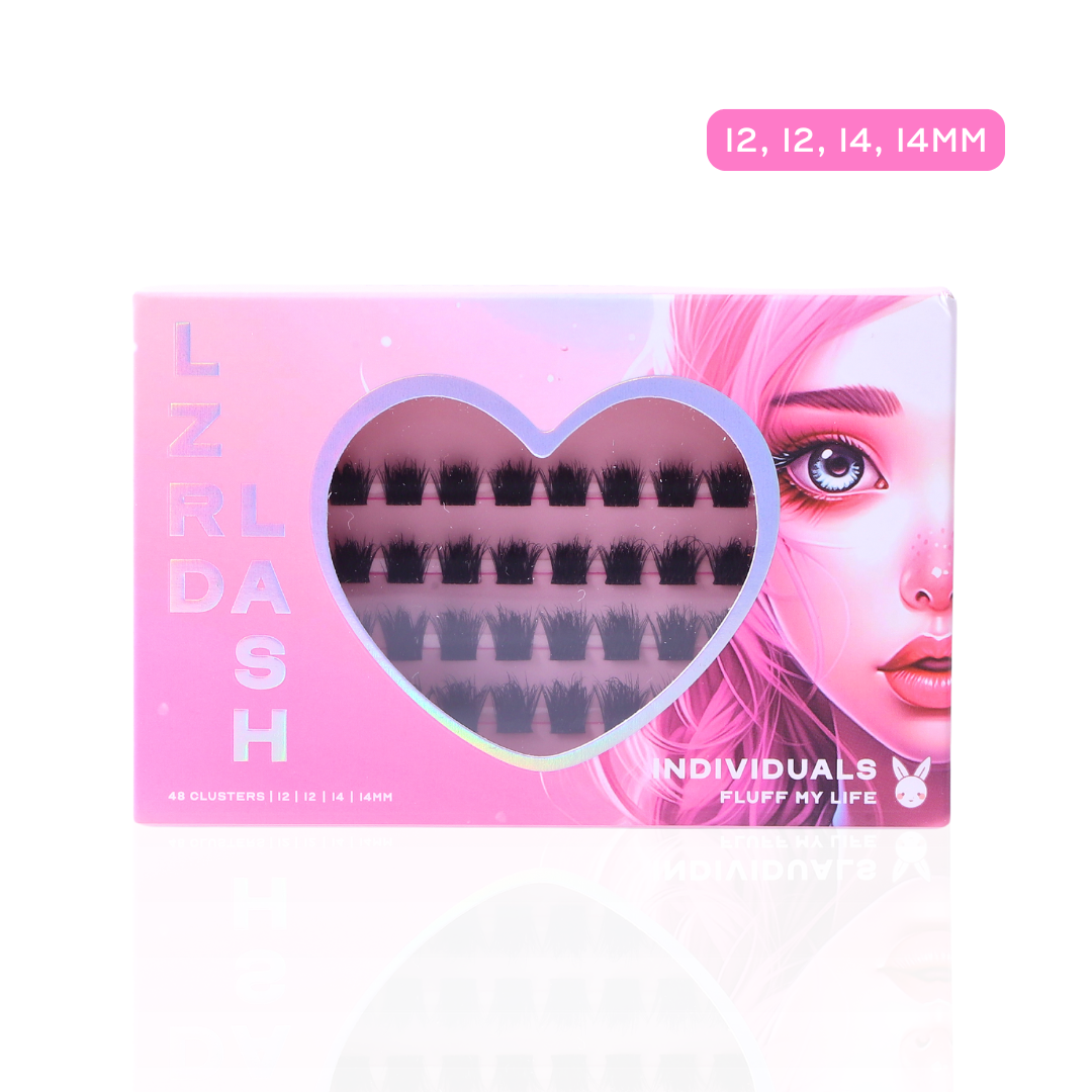 A pink box of false eyelashes labeled "LZRDLASH" with "INDIVIDUALS FLUFF MY LIFE." The box is shown sideways with a heart-shaped window displaying the lash clusters inside. The packaging mentions "48 CLUSTERS" and "12mm, 12mm, 14mm, 14mm" lengths, written on the left side. The design is visually appealing with a chic pink colour scheme, targeting consumers interested in beauty and makeup products.