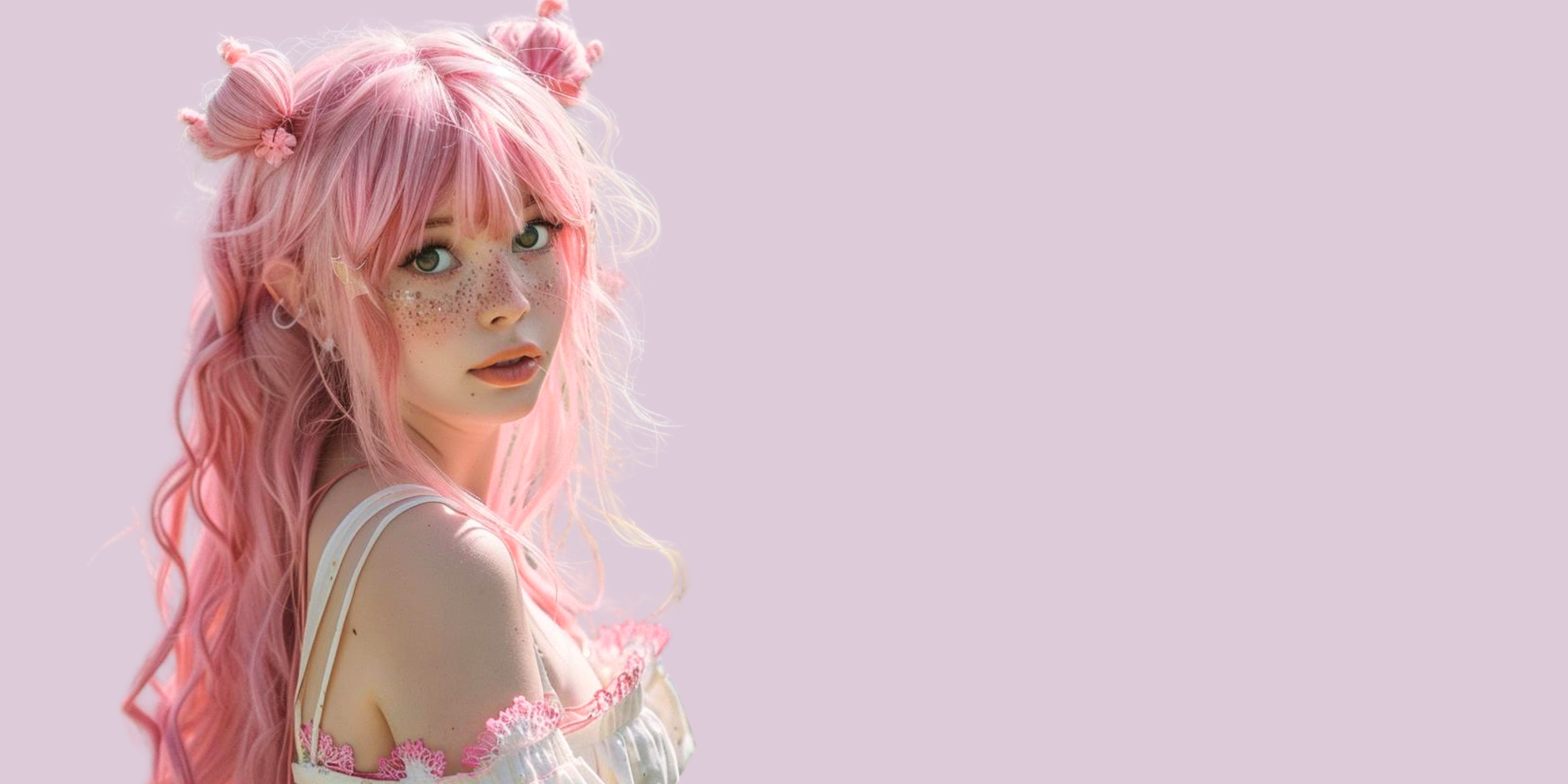 Long pink haired lady wearing false eyelashes