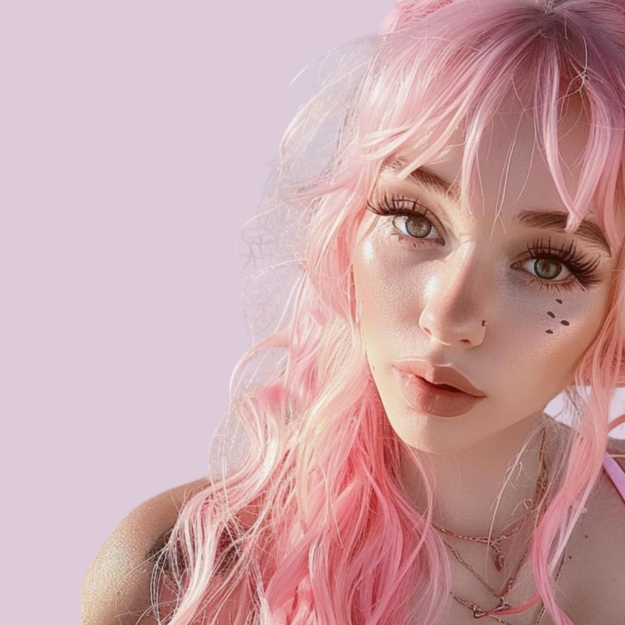 Woman with pink hair wearing false eyelashes